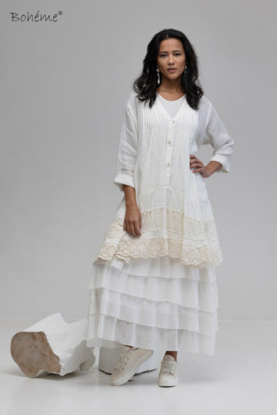 Bohéme pitsi/pellavamekko, valkoinen