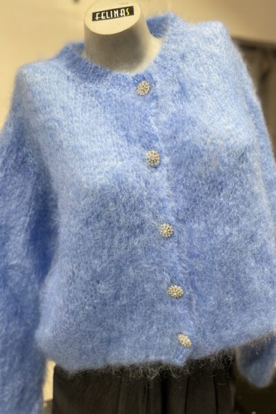 Mohairneuletakki timanttinapeilla, sininen