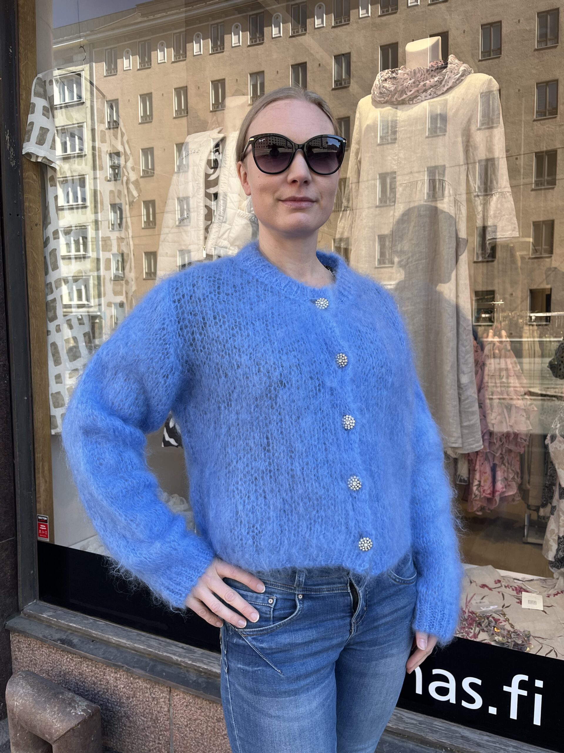 Mohair neuletakki timanttinapeilla, sininen