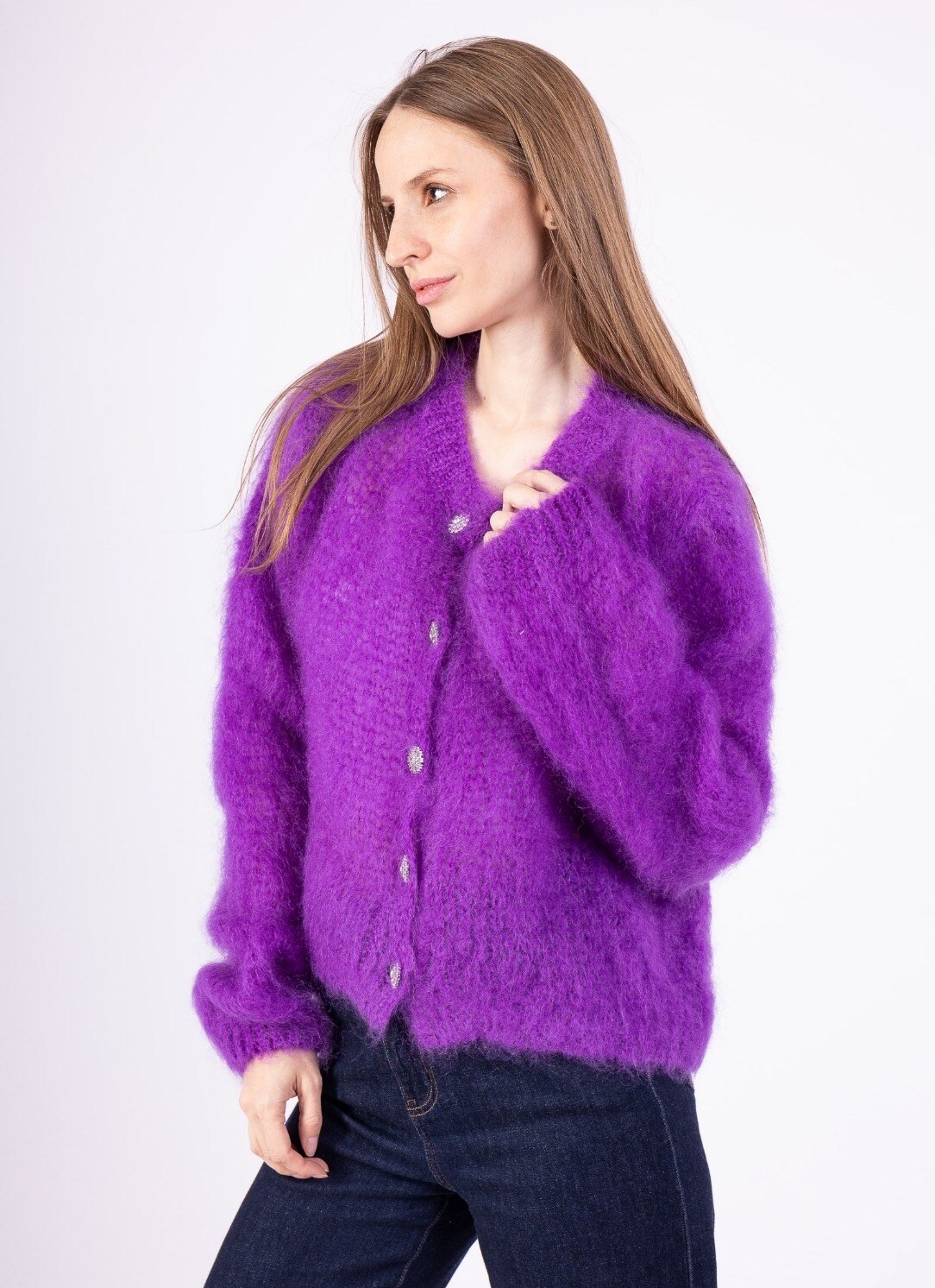 Mohairneuletakki timanttinapeilla, liila - Image 2