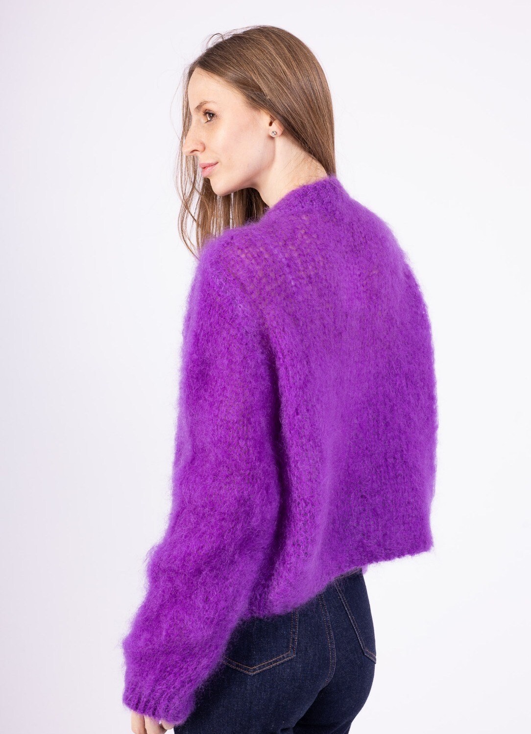 Mohairneuletakki timanttinapeilla, liila - Image 3