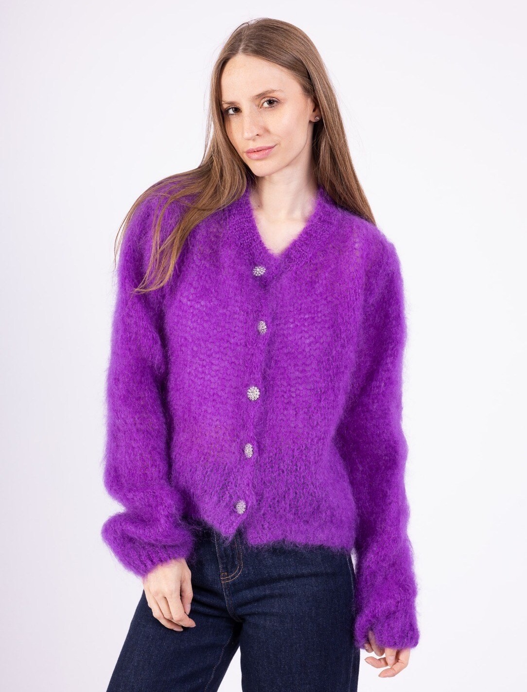 Mohairneuletakki timanttinapeilla, liila