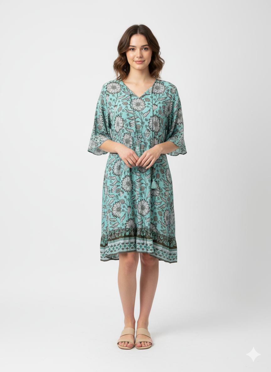 One Summer lyhythihainen tunikamekko, turkoosi/kukallinen