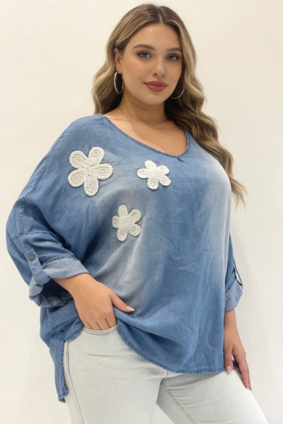 Yhdenkoon lyocellpusero kukkakoristein, sininen