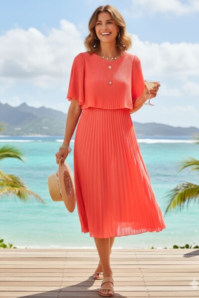 Juhlava pliseerattu mekko, persikka