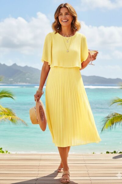 Juhlava pliseerattu mekko, keltainen