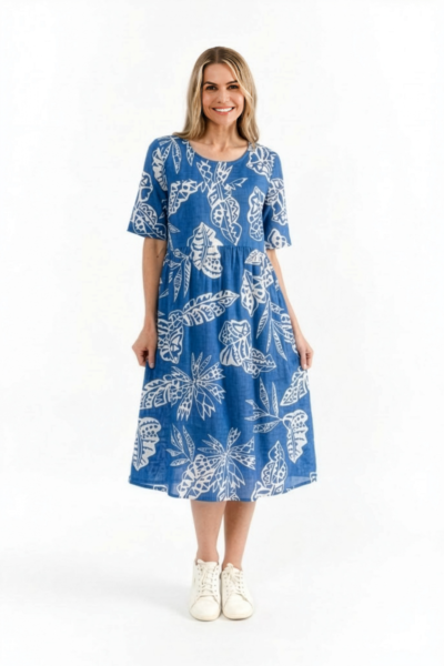 One Summer Yvonne mekko, sininen/valkoiset lehtikuviot
